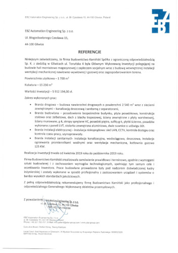 Kamiński Budownictwo- Budowa Hali produkcyjno-magazynowej dla EBZ Gliwice